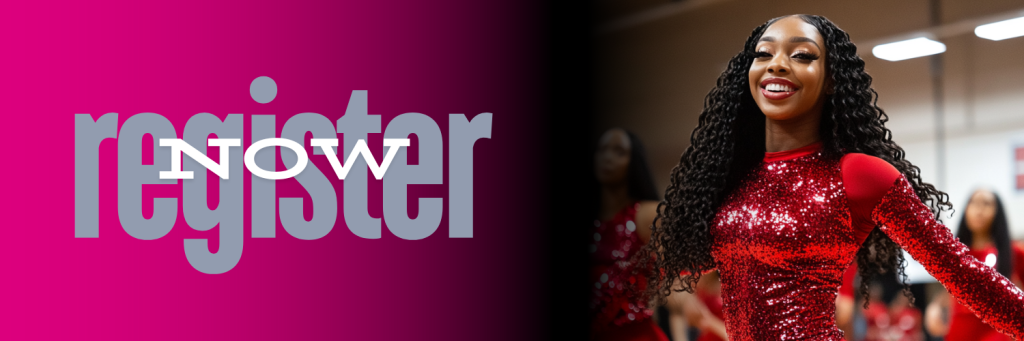 header featuring a high school majorette dancer and the words "register now"