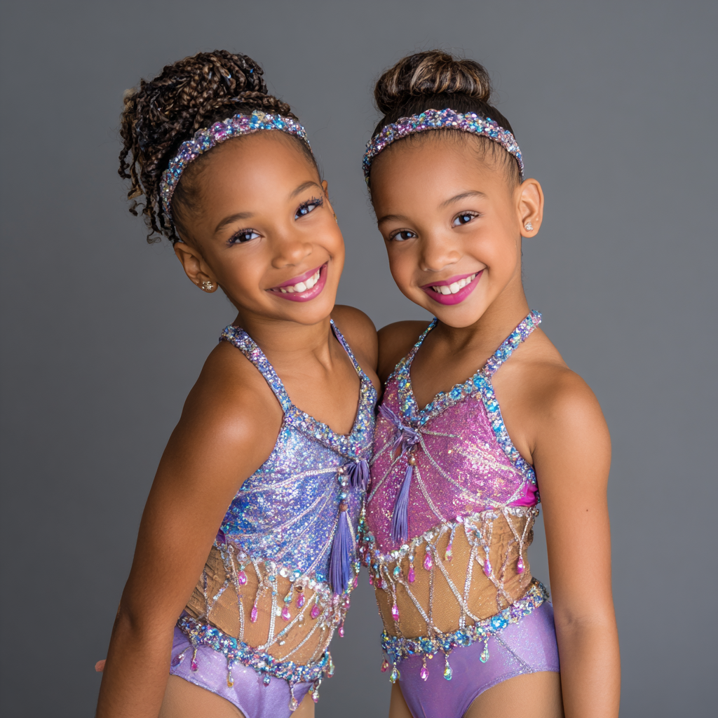 two adorable mini majorette dancers smiling and embracing