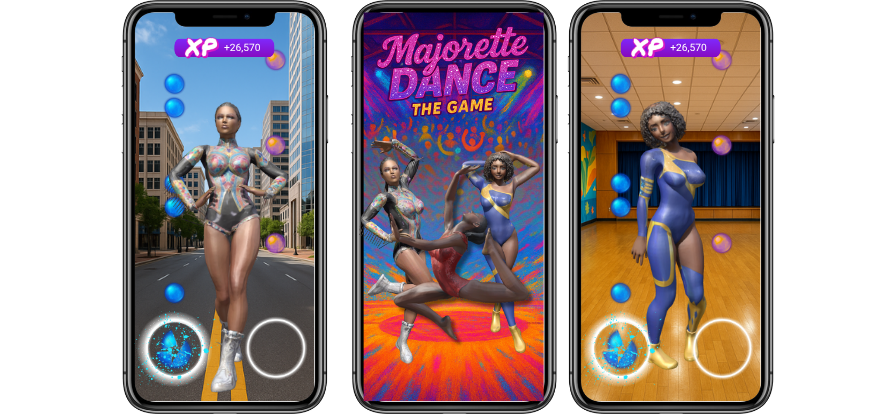 three mobile phone screens showing majorette dancers in a mobile game