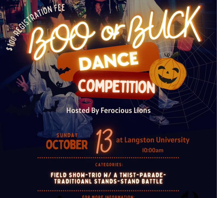 majorette dance competition flyer for Boo or Buck featuring jack o lanterns and witches