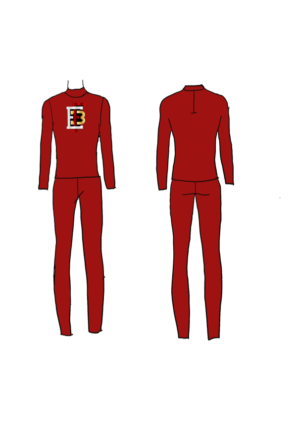 red mock neck long sleeve shirt with matching slim fit pants, gold white and red F3 Ent logo on the chest