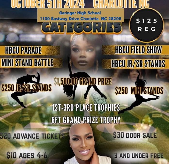 flyer for the hbcu showdown featuring a photo of famous host Tyrus Sellers majorette dance expert