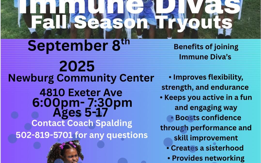 Immune Divas Tryouts flyer featuring majorette dancers wearing purpe and turquoise