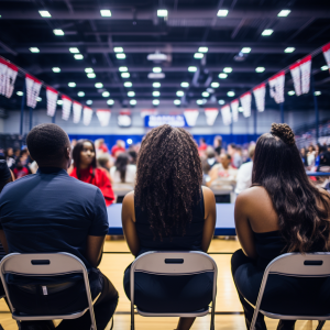 3 judges sit at a table and watch a majorette dance performance