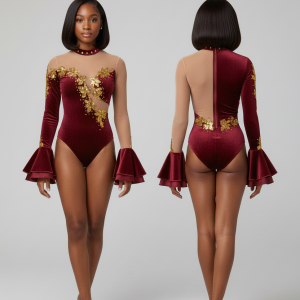 Black woman with bob hairstyle modeling a burgundy velvet leotard, long sleeves with ruffle flair, gold sequin accents adorn the chest
