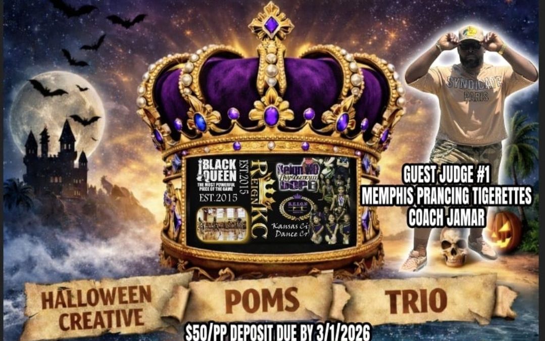 Flyer for “Crown’d at Sea: The Halloween Edition” presented by Reign KC. The design features a large purple and gold jeweled crown centered against a night sky with a full moon, bats, and a haunted castle silhouette, creating a Halloween theme. Categories listed include Halloween Creative, Poms, and Trio. Guest Judge #1 is Coach Jamar of the Memphis Prancing Tigerettes. A $50 per person deposit is due by March 1, 2026. Cabin pricing includes Interior ($379 per person), Ocean View ($394 per person), and Balcony ($514 per person). The event takes place October 30, 2026 through November 2, 2026, sailing from Orlando, Florida to Celebration Key. Registration details and a contact phone number for Natasha Short are included at the bottom.