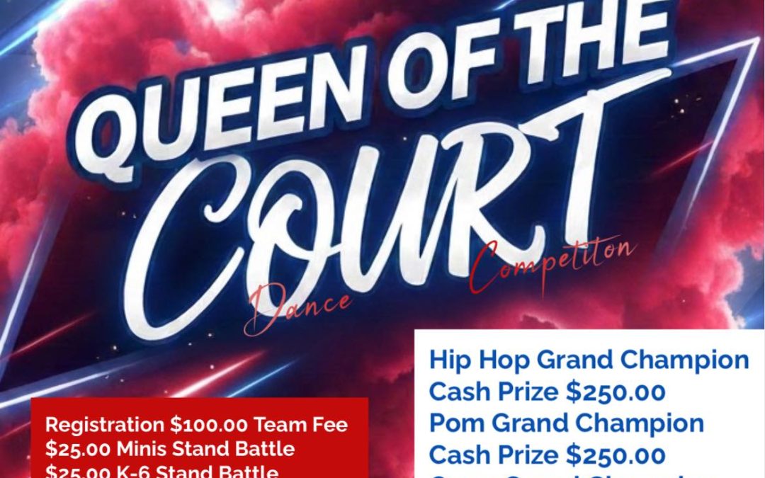 Alt text: Promotional flyer for the “Queen of the Court Dance Competition” hosted by the Texas Alliance Dance Association in Dallas, TX. The design features a dramatic red and blue cloud background with bold white lettering for the event title. Photos of host King Reem (@king_reem82) and Arnold Jordan (@texasalliancedanceassociation) appear at the top. Event date is March 28, 2026, in Dallas, Texas. Registration fees include $100 team fee and $25 stand battle categories (Minis, K–6, and 7–12). Cash prizes range from $150 to $250 for Hip Hop, Pom, Open, and stand battle grand champions. Pre-sale tickets are $20 (ending March 14, 2026), general admission is $25, kids tickets are $10, team check-in is at 9 a.m., and doors open at 10 a.m. for pre-sale tickets.