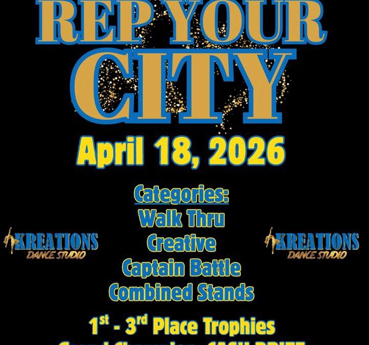 Flyer for “Rep Your City” dance competition presented by Kreations Dance Studio. The design features bold gold and blue lettering on a black background with gold spark accents. The event takes place April 18, 2026. Categories include Walk Thru, Creative, Captain Battle, and Combined Stands. Awards include 1st–3rd place trophies and a Grand Champion cash prize. Registration fee is $125. Location: Portsmouth, Virginia. Kreations Dance Studio logos appear on both sides of the flyer.
