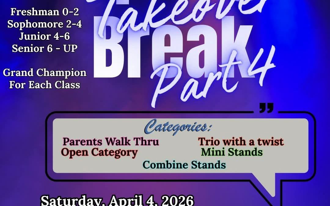 Flyer for “Spring Break Takeover Part 4” presented by Sassy Divas. The design features bold white and purple text over a stage lighting background. The event offers a cash prize and Grand Champion awards for each class. Divisions listed include Freshman (0–2), Sophomore (2–4), Junior (4–6), and Senior (6 and up). Categories include Parents Walk Thru, Open Category, Trio with a Twist, Mini Stands, and Combine Stands. The event takes place Saturday, April 4, 2026, at Varina High School, 7053 Messer Road, Henrico, VA 23231. Registration fee is $150. The Smash Time Productions logo appears at the bottom.